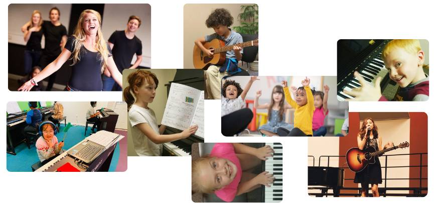A collection of pictures of happy students of all ages enjoying making music